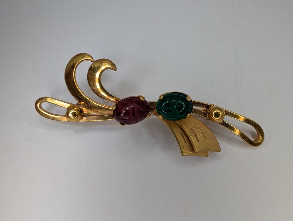 CURTIS CREATIONS 1/20th 12K Gold Filled Brooch w/ Gemstone Scarabs